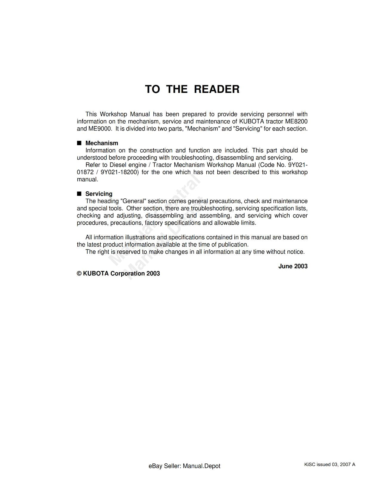 KUBOTA TRACTOR ME8200 ME9000 WORKSHOP SERVICE REPAIR MANUAL REPRINTED 2007