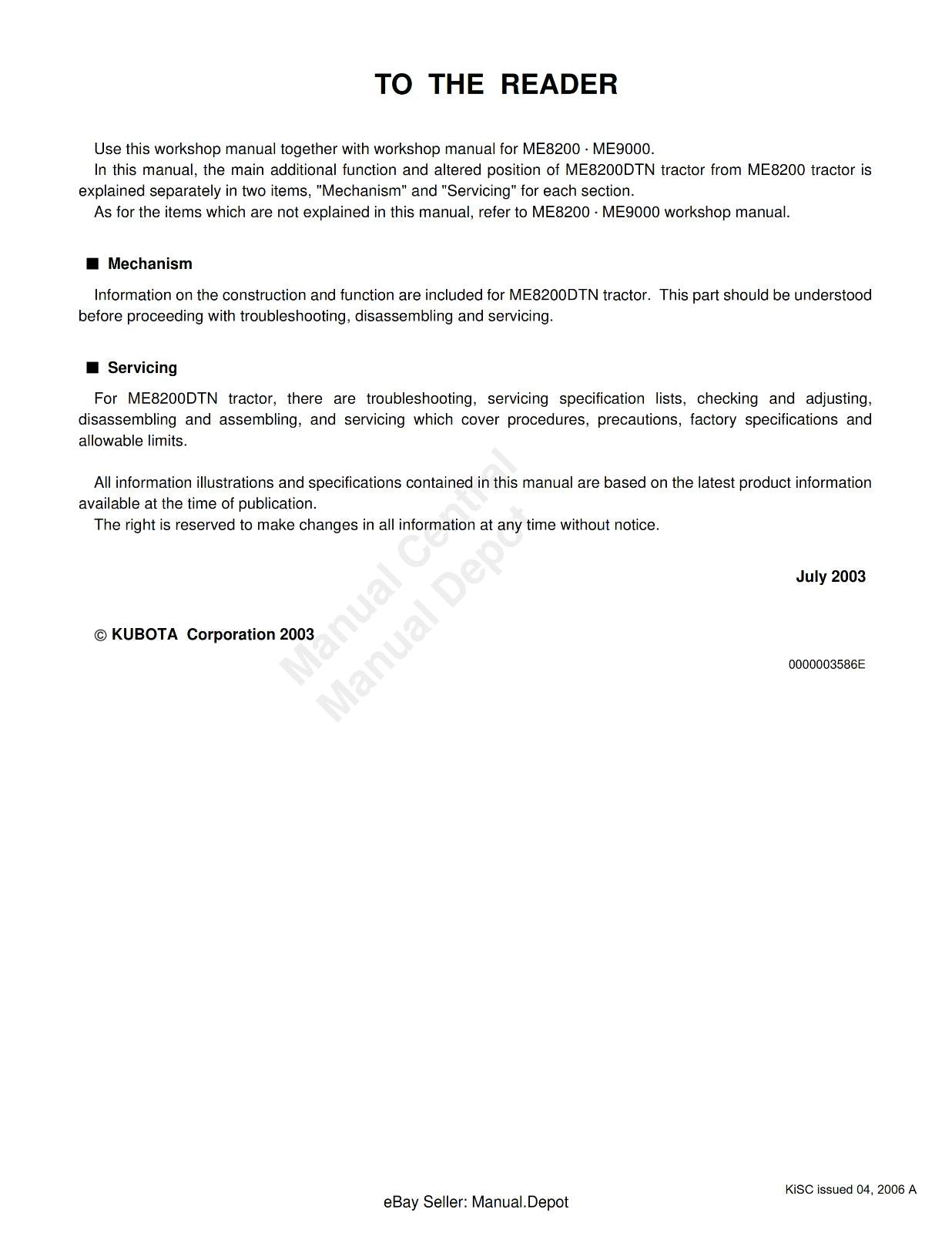 KUBOTA TRACTOR ME8200DTN SUPPLEMENT WORKSHOP SERVICE REPAIR MANUAL REPRINTED 06
