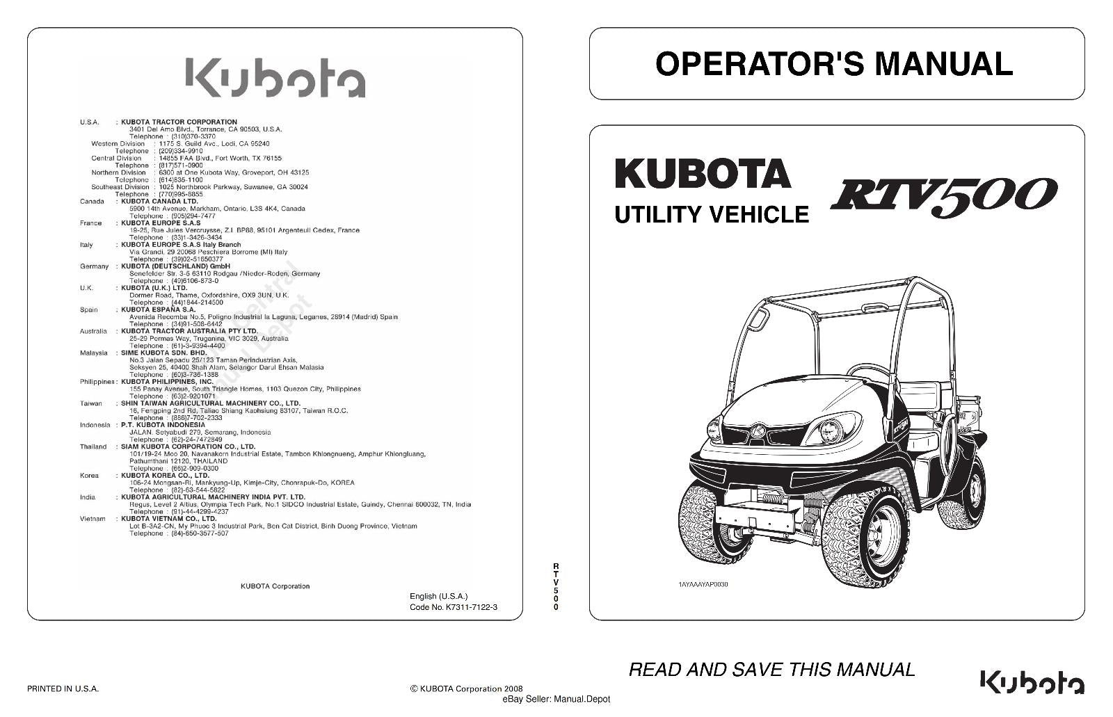 KUBOTA UTILITY VEHICLE RTV500 OPERATOR MANUAL REPRINTED 2008 EDITION