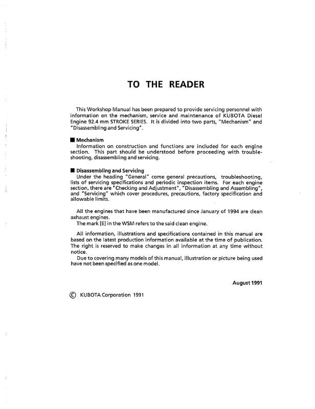 KUBOTA DIESEL ENGINE 92.4MM STROKE SERIES WORKSHOP MANUAL REPRINTED 1991