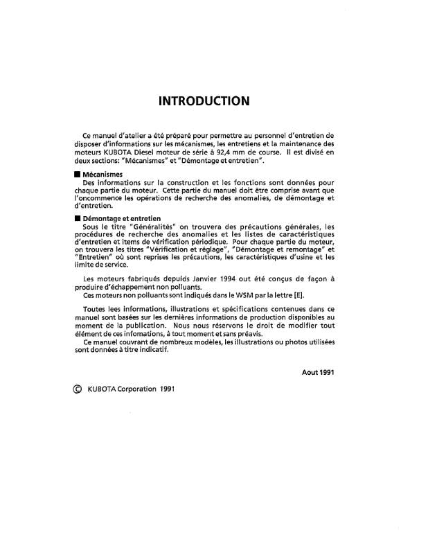 KUBOTA DIESEL ENGINE 92.4MM STROKE SERIES WORKSHOP MANUAL REPRINTED 1991