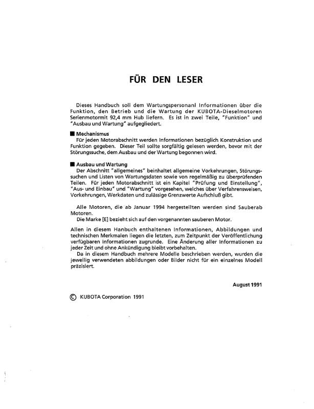 KUBOTA DIESEL ENGINE 92.4MM STROKE SERIES WORKSHOP MANUAL REPRINTED 1991