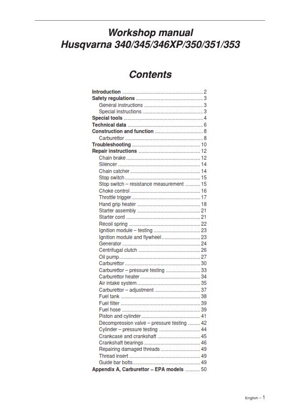 HUSQVARNA CHAINSAW 340 345 346XP 350 351 353 WORKSHOP SERVICE MANUAL REPRINTED