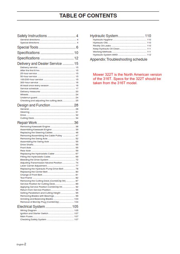HUSQVARNA 316T 322T 316T/S AWD 316TXS AWD WORKSHOP SERVICE MANUAL REPRINTED 2014