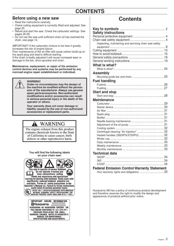 HUSQVARNA CHAINSAW 362XP 365 372XP OPERATOR MANUAL REPRINTED COMB BOUND