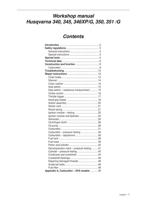 HUSQVARNA CHAINSAW 340 345 350 351 G 346 XP XPG WORKSHOP MANUAL REPRINTED