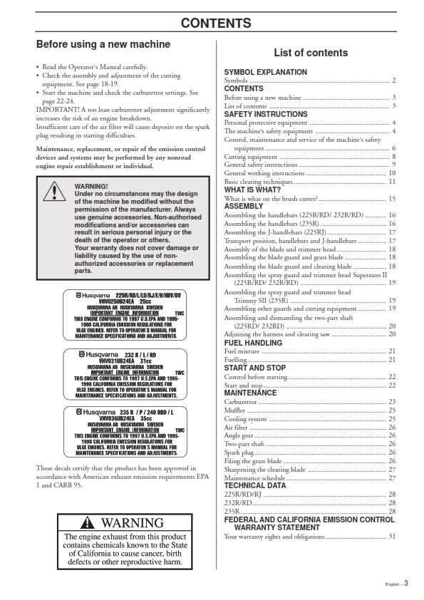 HUSQVARNA 225R 225RD 225RJ 232R 232RD 235R MANUAL REPRINTED COMB BOUND