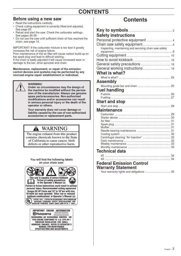 HUSQVARNA CHAINSAW 45 / 49 OPERATORS MANUAL REPRINTED