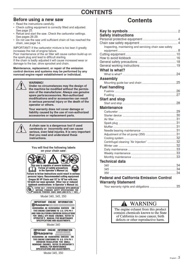 HUSQVARNA CHAINSAW 340 345 350 OPERATORS MANUAL REPRINTED COMB BOUND