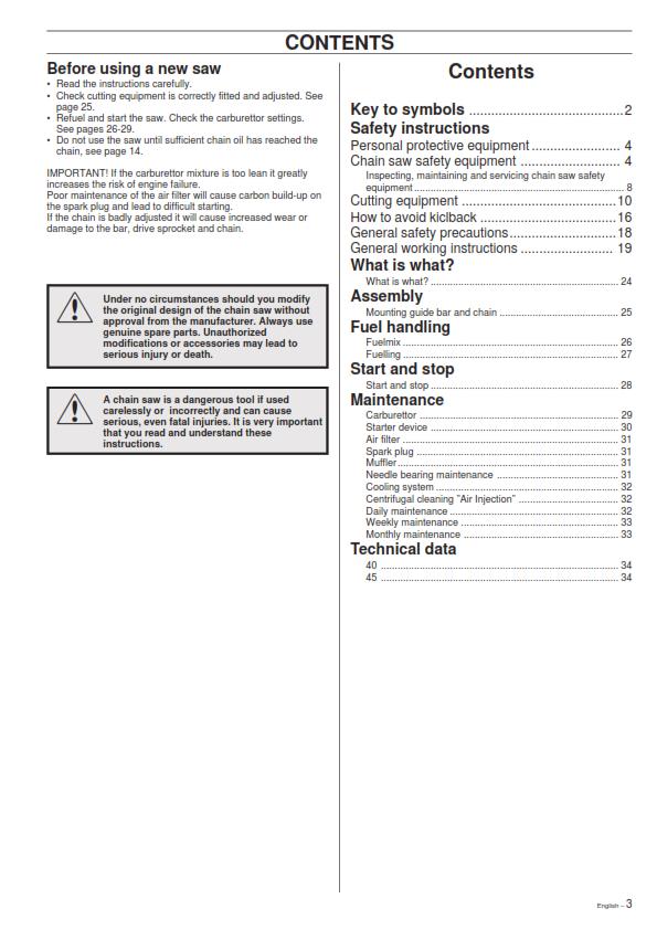 HUSQVARNA CHAINSAW 40 45 OPERATORS MANUAL REPRINTED COMB BOUND