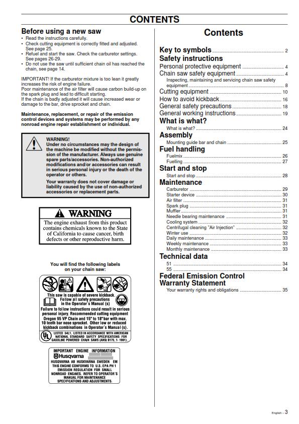 HUSQVARNA CHAINSAW 55 55 OPERATOR MANUAL REPRINTED COMB BOUND