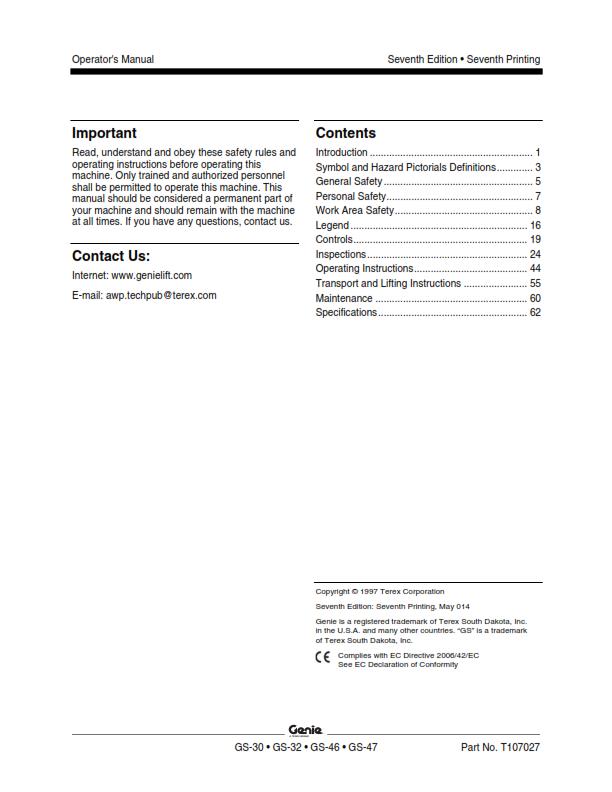GENIE GS 1530 1930 2032 2632 3232 2046 2646 3246 4047 OPERATOR MANUAL REPRINTED