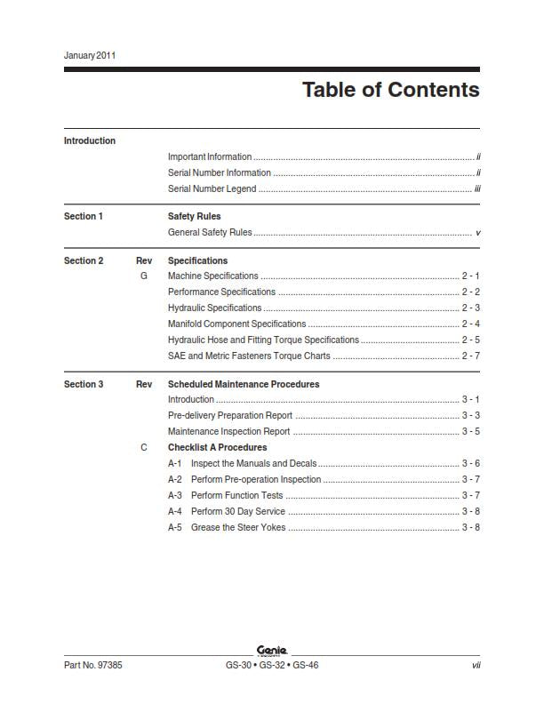 GENIE GS 1530 1930 2032 2632 3232 2046 2646 3246 SERVICE MANUAL REPRINTED 2011