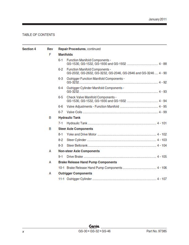 GENIE GS 1530 1930 2032 2632 3232 2046 2646 3246 SERVICE MANUAL REPRINTED 2011