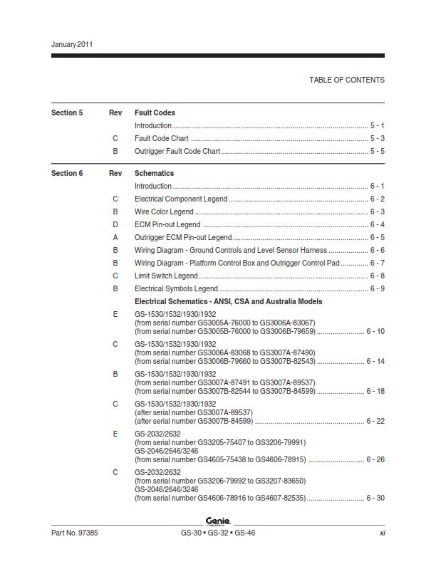 GENIE GS 1530 1930 2032 2632 3232 2046 2646 3246 SERVICE MANUAL REPRINTED 2011