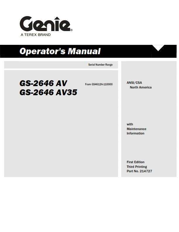 GENIE GS-2646 AV AV35 OPERATOR MANUAL REPRINTED MAY 2014