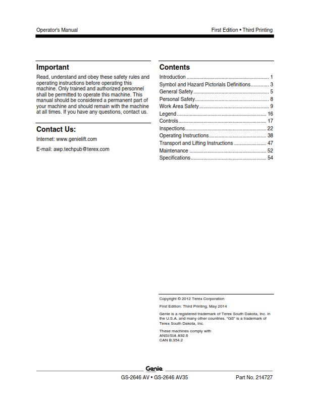 GENIE GS-2646 AV AV35 OPERATOR MANUAL REPRINTED MAY 2014
