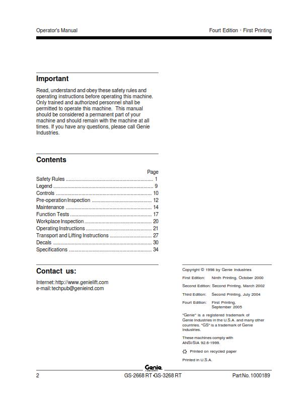 GENIE GS-2668 RT GS-3268 RT OPERATOR MANUAL REPRINTED 2005 EDITION