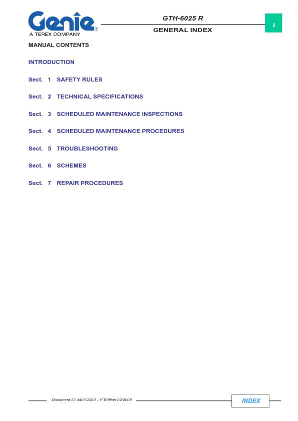 GENIE GTH-6025 R SERVICE WORKSHOP REPAIR MANUAL REPRINTED 2008 EDITION