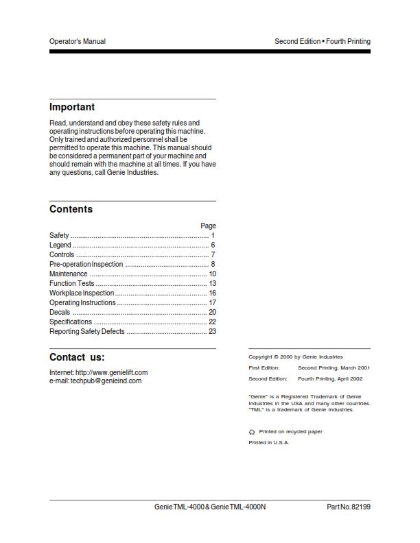 GENIE TML-4000 TML-4000N OPERATOR MANUAL REPRINTED 2002 EDITION