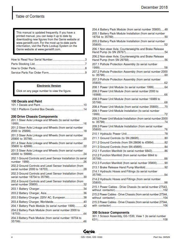 GENIE GS-1530 GS-1930 PARTS MANUAL REPRINTED DEC 2018 EDITION TO SN 59999