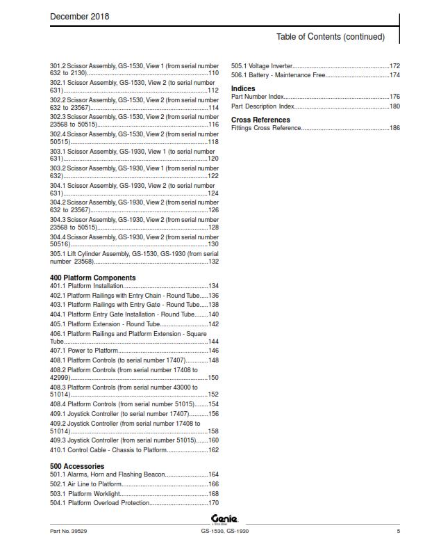 GENIE GS-1530 GS-1930 PARTS MANUAL REPRINTED DEC 2018 EDITION TO SN 59999