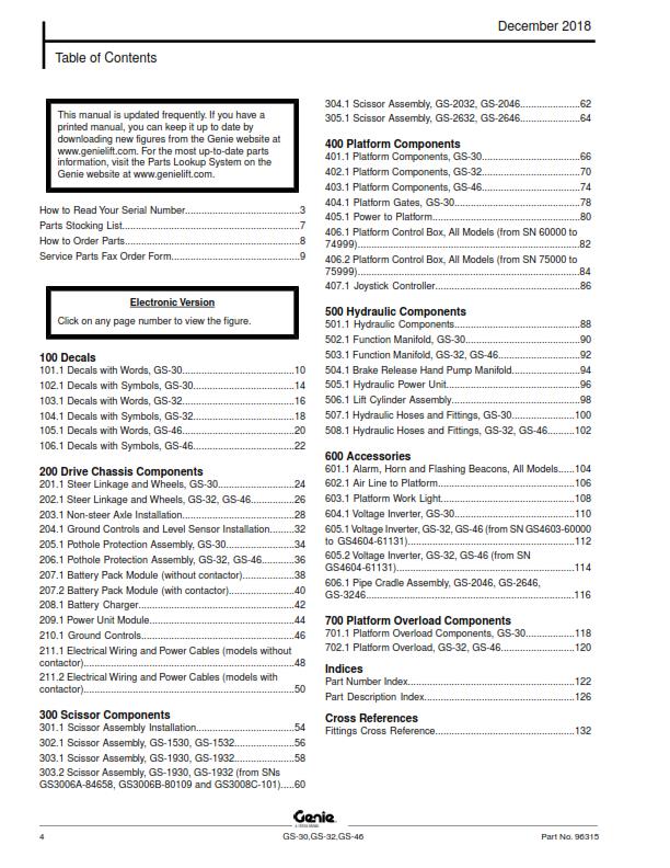 GENIE GS-30 GS-32 GS-46 PARTS MANUAL REPRINTED DEC 2018 EDITION