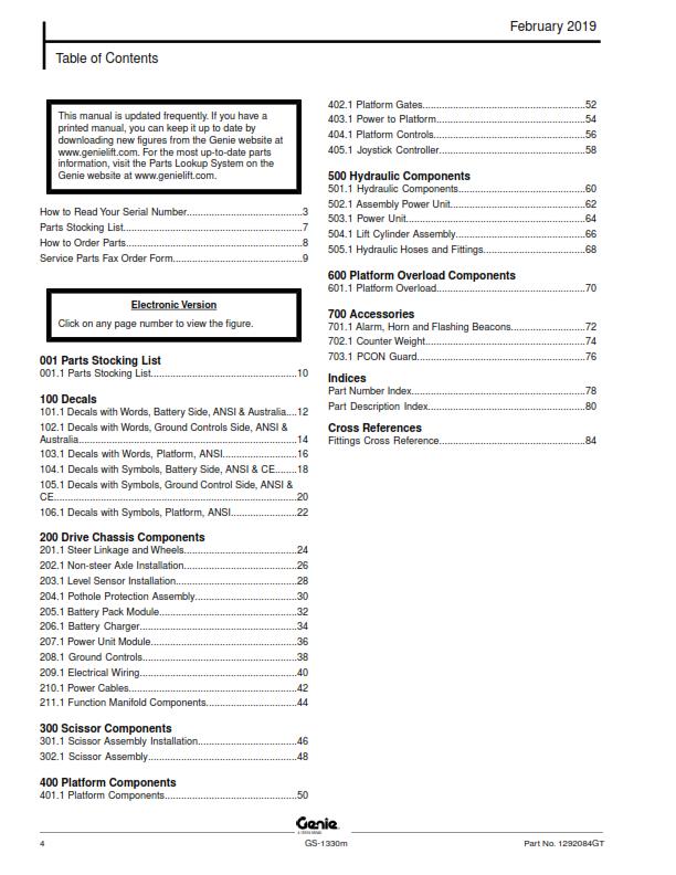 GENIE GS-1330M PARTS MANUAL REPRINTED FEB 2019