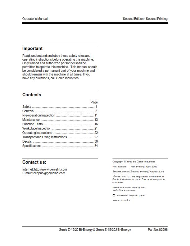 GENIE Z-45/25 J OPERATOR MANUAL REPRINTED AUG 2004 EDITION