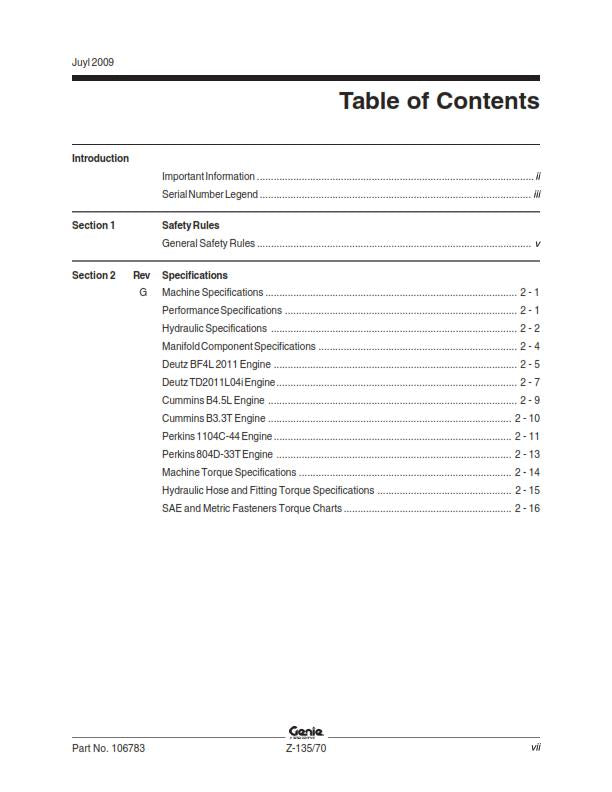 GENIE Z-135/70 SERVICE WORKSHOP REPAIR MANUAL REPRINTED JUL 2009 EDITION
