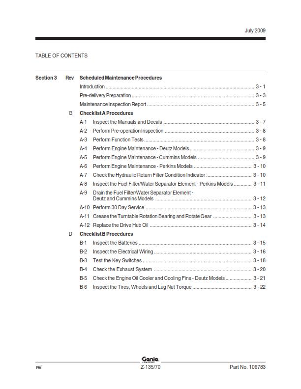 GENIE Z-135/70 SERVICE WORKSHOP REPAIR MANUAL REPRINTED JUL 2009 EDITION