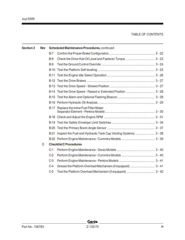 GENIE Z-135/70 SERVICE WORKSHOP REPAIR MANUAL REPRINTED JUL 2009 EDITION