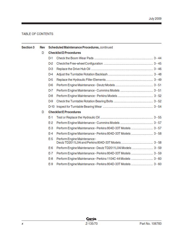 GENIE Z-135/70 SERVICE WORKSHOP REPAIR MANUAL REPRINTED JUL 2009 EDITION
