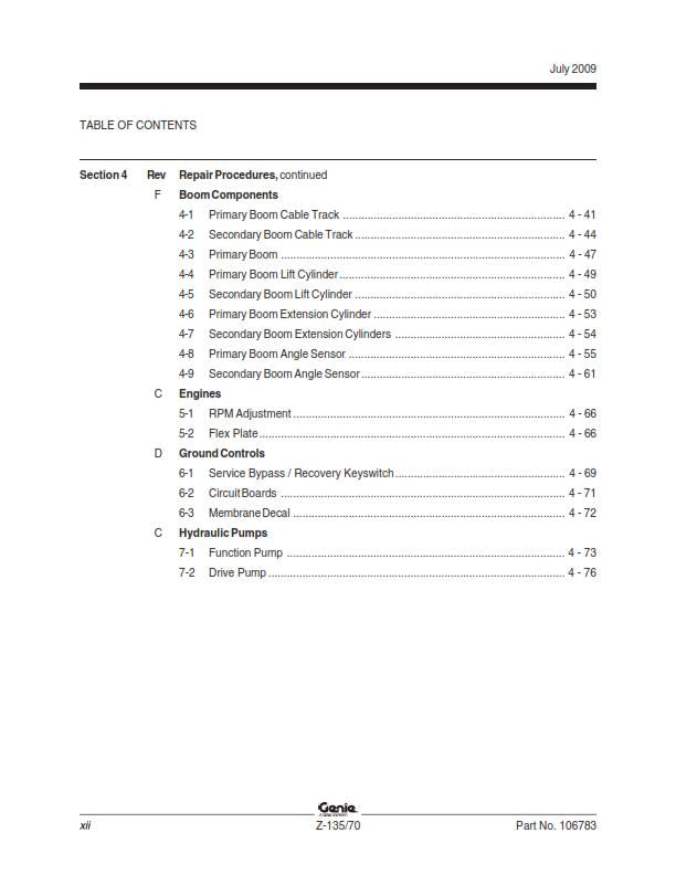 GENIE Z-135/70 SERVICE WORKSHOP REPAIR MANUAL REPRINTED JUL 2009 EDITION