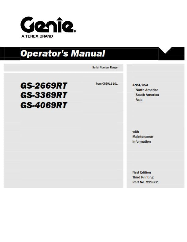 GENIE GS-2669RT GS-3369RT GS-4069RT OPERATOR MANUAL REPRINTED JAN 2012 EDITION
