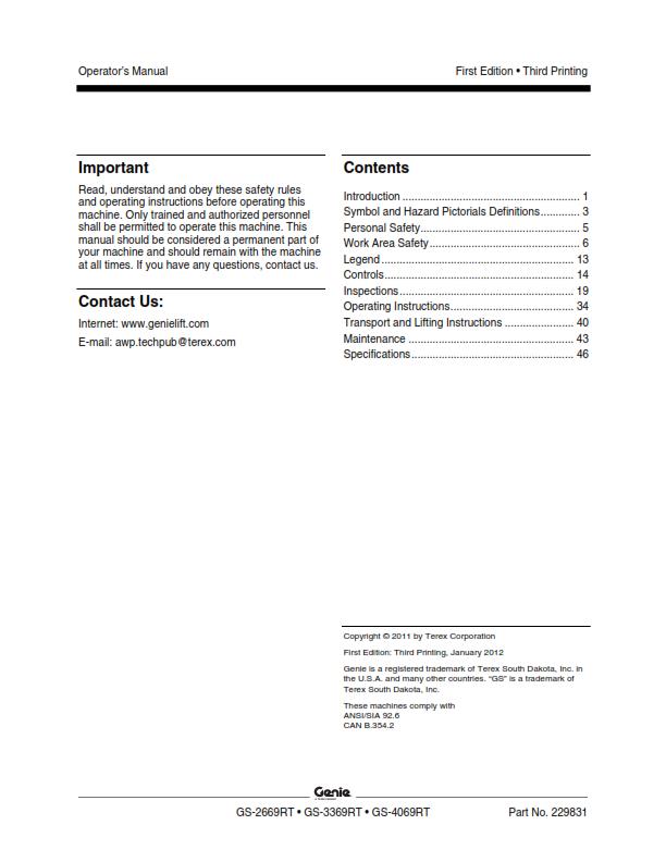 GENIE GS-2669RT GS-3369RT GS-4069RT OPERATOR MANUAL REPRINTED JAN 2012 EDITION