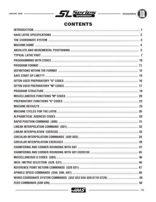 HAAS SL SERIES CNC MACHINE PROGRAMMING WORKBOOK MANUAL REPRINTED JAN 06