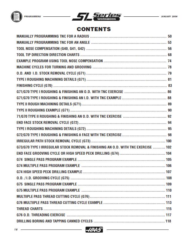 HAAS SL SERIES CNC MACHINE PROGRAMMING WORKBOOK MANUAL REPRINTED JAN 06
