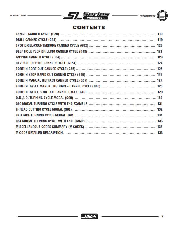 HAAS SL SERIES CNC MACHINE PROGRAMMING WORKBOOK MANUAL REPRINTED JAN 06