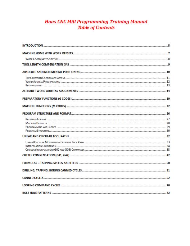 HAAS MILL SERIES CNC MILL PROGRAMMING TRAINING MANUAL REPRINTED COMB BOUND