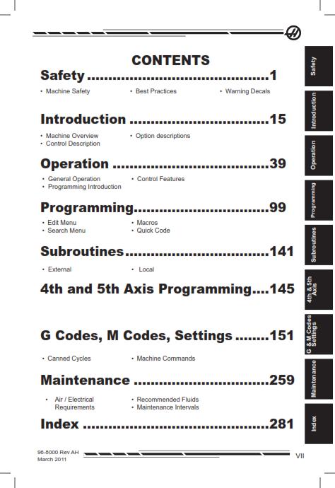 HAAS 96-8000 MILL OPERATOR MANUAL REV AH MARCH 2011 REPRINTED COMB BOUND