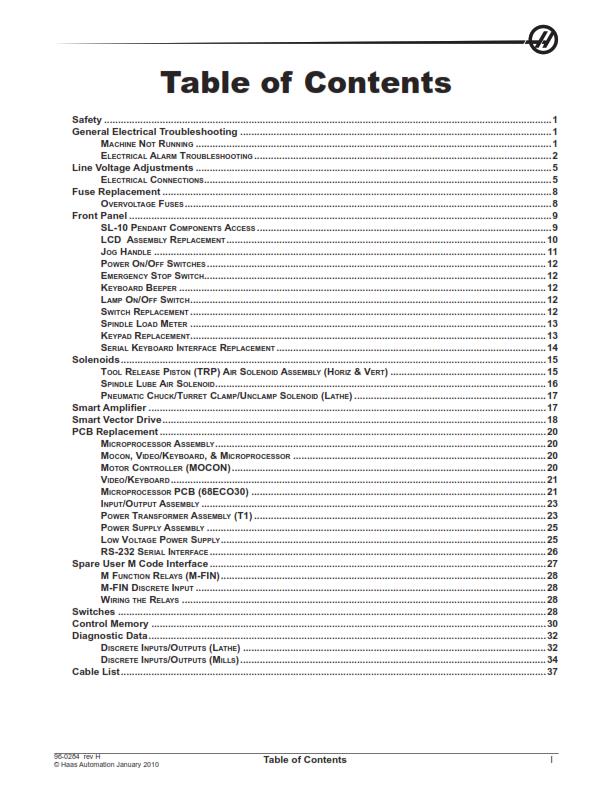 HAAS MILL & LATHE SERVICE MANUAL ELECTRICAL JAN 2010 REPRINTED COMB BOUND