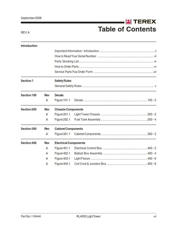 TEREX RL4000D2 PARTS MANUAL SEP 2008 EDITION REPRINTED COMB BOUND
