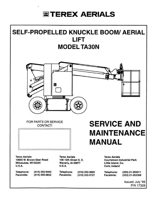 TEREX TA30N KNUCKLE BOOM SERVICE MAINTENANCE MANUAL JUL 98 EDITION REPRINTED