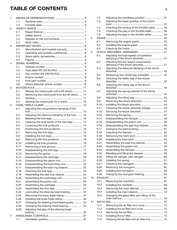 HUSQVARNA FE 250 EU AU US 2014 REPAIR WORKSHOP SERVICE MANUAL REPRINTED