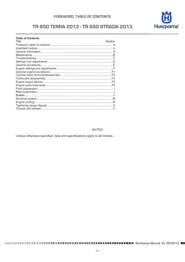 HUSQVARNA 2013 - TR 650 TERRA STRADA REPAIR WORKSHOP SERVICE MANUAL REPRINTED
