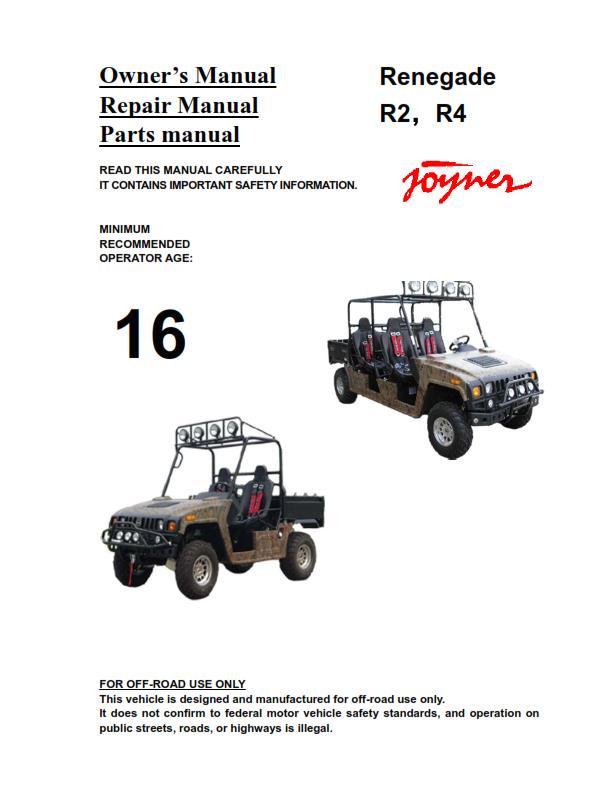 JOYNER JNSZ800UV 800CC RENEGADE R2 R4 OWNER PARTS SERVICE REPAIR MANUAL 2009