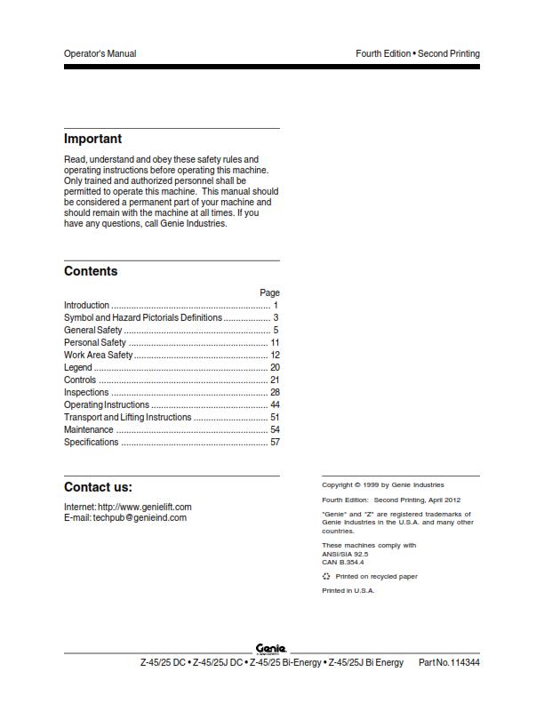GENIE Z-45/25 J OPERATOR MANUAL REPRINTED AUG 2012 EDITION