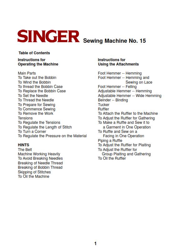 SINGER SEWING MACHINE NO 15 INSTRUCTION MANUAL REPRINTED COMB BOUND