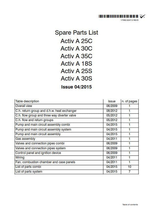 BIASI ACTIVA 25C 30C 35C 18S 25S 30S PARTS MANUAL REPRINTED COMB BOUND 2015